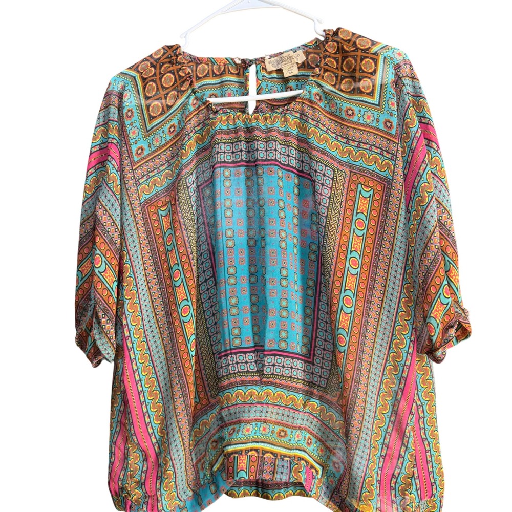 Nine West Vintage America Boho Geometric Sheer Blouse‎ XL Multi-Color 3/4 Sleeve